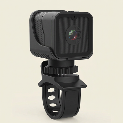 Black Z03 action camera with a textured front, centered lens and mounting bracket on a cream background.

