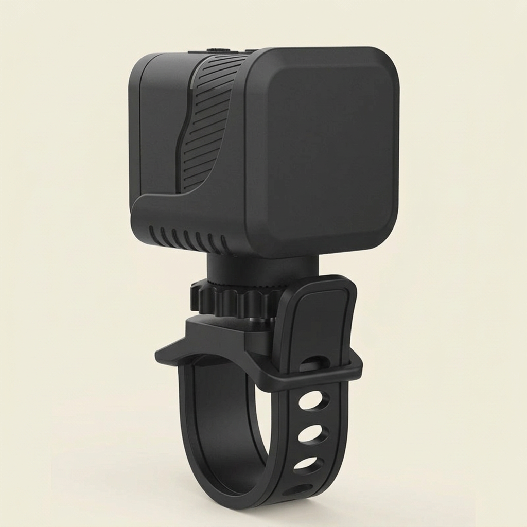 Rear and side view of a black action camera attached to an adjustable mounting bracket on a cream background.
